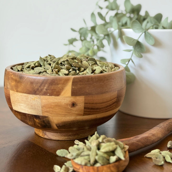 Certified organic green cardamom pods, a gourmet spice used in desserts, curries, and traditional drinks