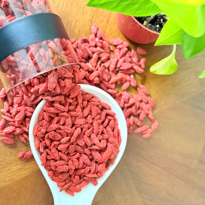 Bulk organic dried goji berries with chewy texture and natural sweetness, sourced by Purely Organic Foods
