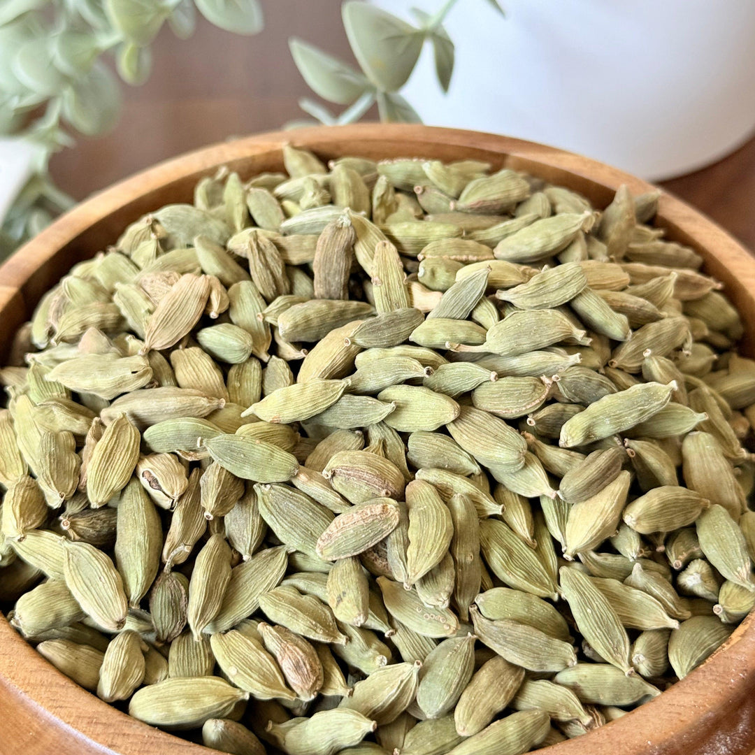 Purely Organic Foods whole green cardamom pods, certified organic and aromatic, perfect for cooking or tea blends