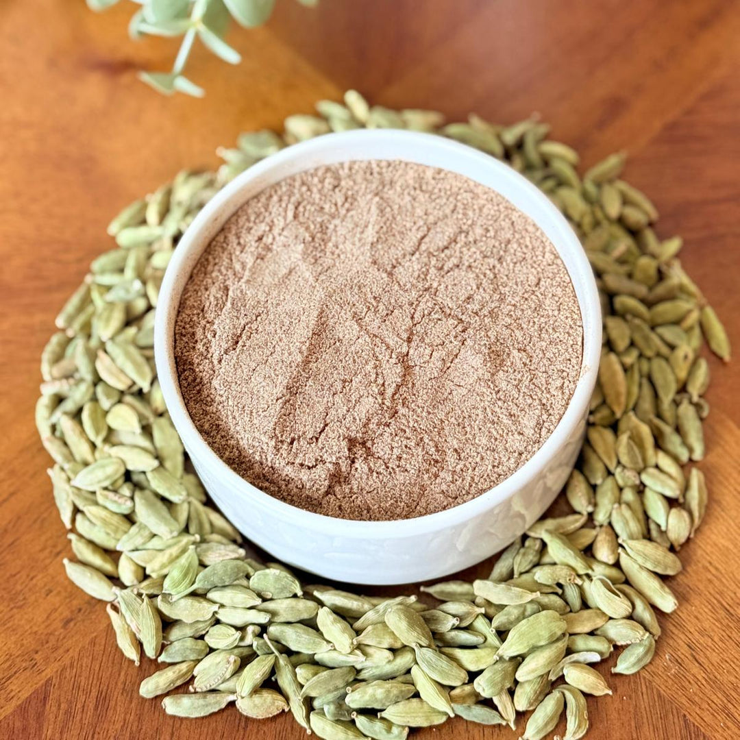 Purely Organic Foods premium organic cardamom seed powder in golden-brown color.

Organic cardamom seed powder from Purely Organic Foods, perfect for baking and cooking.