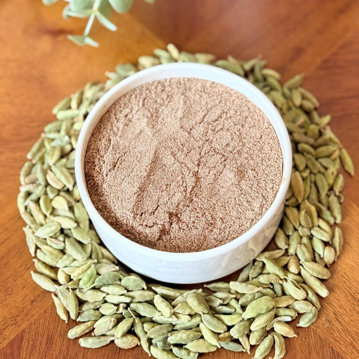 Purely Organic Foods premium organic cardamom seed powder in golden-brown color.

Organic cardamom seed powder from Purely Organic Foods, perfect for baking and cooking.