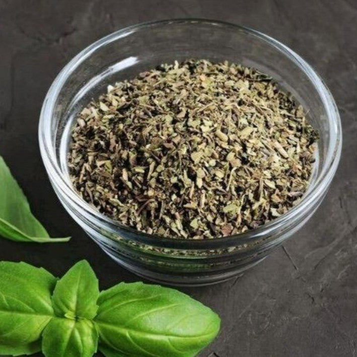 Organic dried basil leaves with a sweet, aromatic flavor – perfect for seasoning pasta sauces, pizzas, soups, and Mediterranean dishes by Purely Organic Foods

Purely Organic Foods dried basil leaves – premium organic culinary herb with a vibrant green color and natural aroma, ideal for everyday cooking