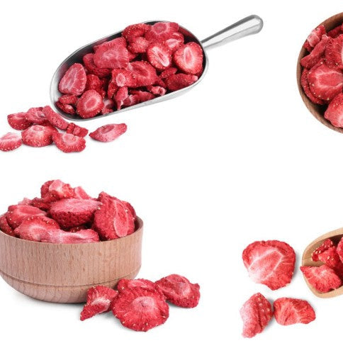 Organic freeze-dried strawberries by Purely Organic Foods.