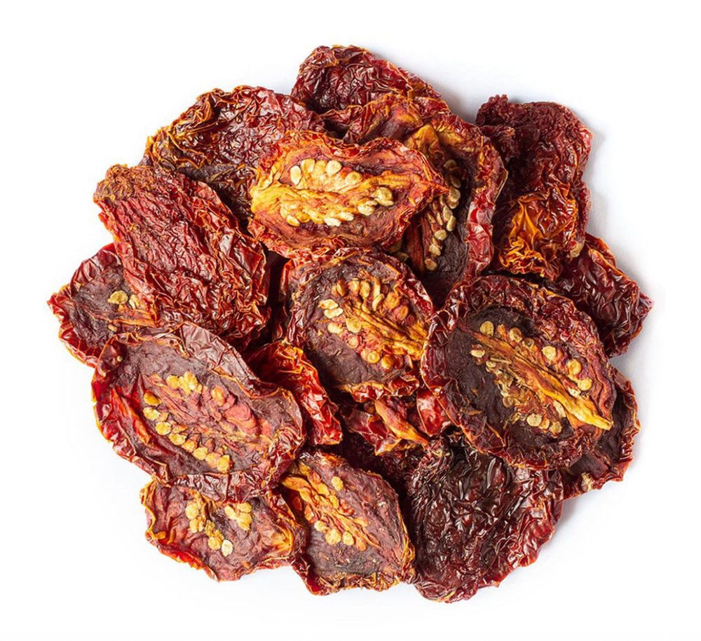 Organic sundried tomatoes, salted and sun-dried to preserve their bold taste, ideal for enhancing dishes and snacks