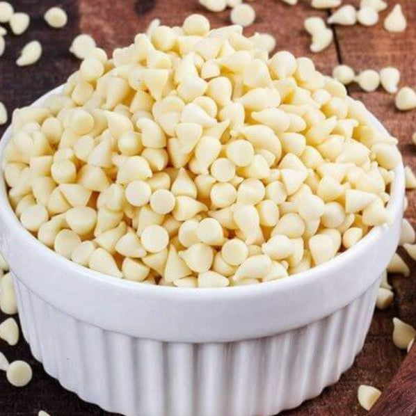 Premium quality organic white chocolate chips made with organic cocoa butter and cane sugar