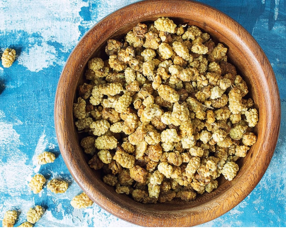 Organic white mulberries from Purely Organic Foods, dried and packed with natural sweetness, ideal for healthy snacking and recipes