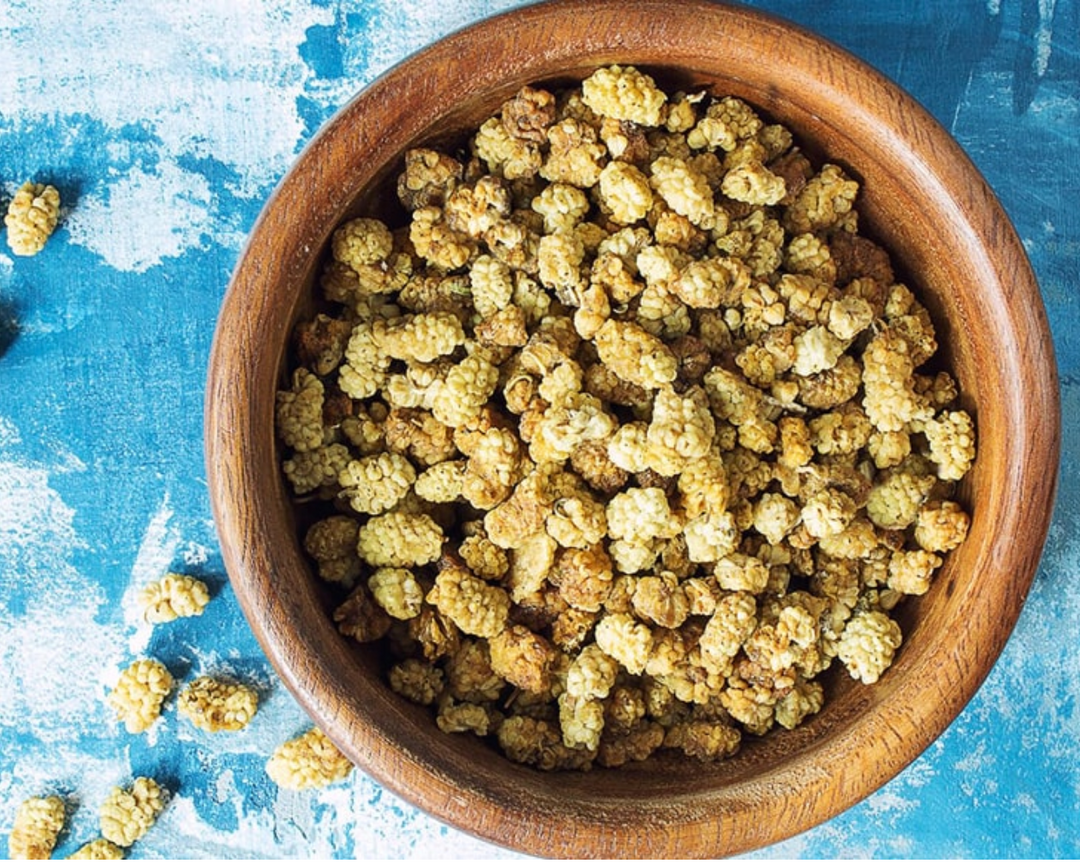 Organic white mulberries from Purely Organic Foods, dried and packed with natural sweetness, ideal for healthy snacking and recipes