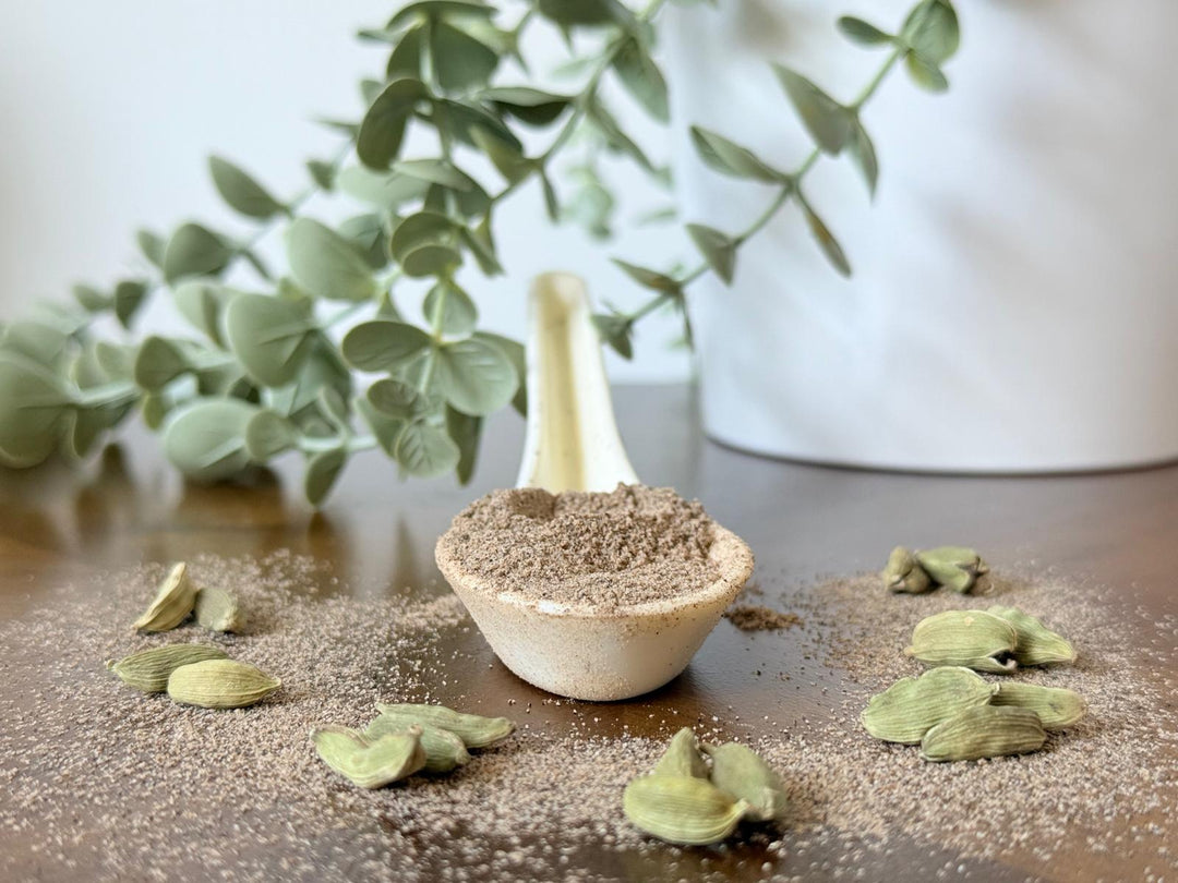 Freshly packed organic cardamom seed powder from Purely Organic Foods for culinary use.