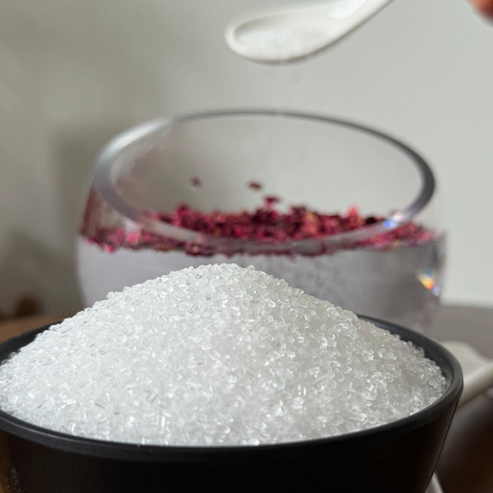 Natural Epsom salt crystals, magnesium-rich and multipurpose for home, garden, or bath applications