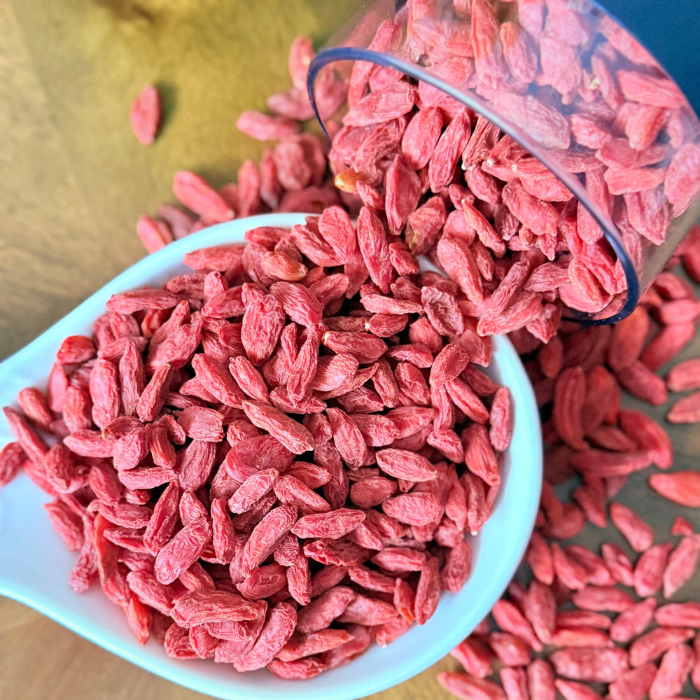 Whole organic goji berries, premium quality and dried to preserve flavor and texture for smoothies, cereals, and baking