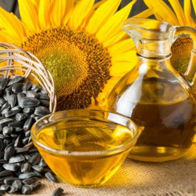 Purely Organic Expeller Pressed Sunflower Oil bottle with golden oil