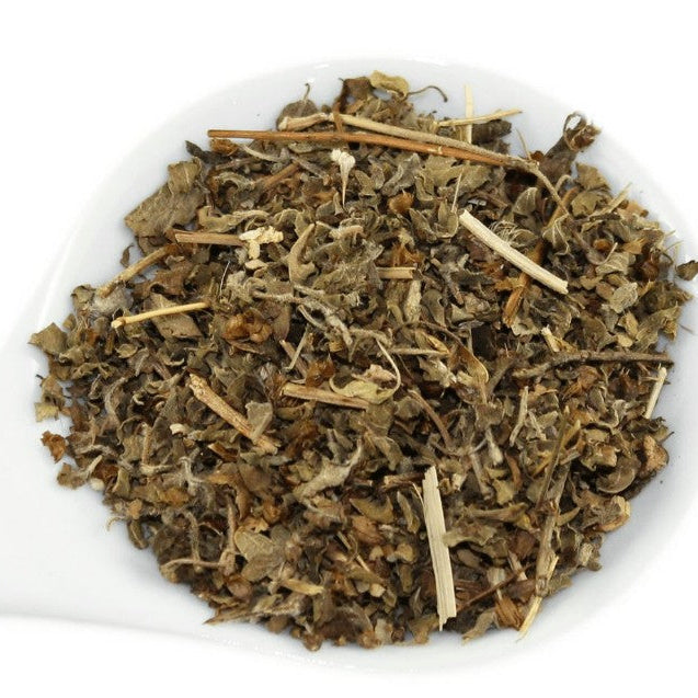 Freshly packed organic tulsi tea mix from Purely Organic Foods in natural dried form.

Purely Organic Foods organic tulsi tea blend ready for hot or iced brewing