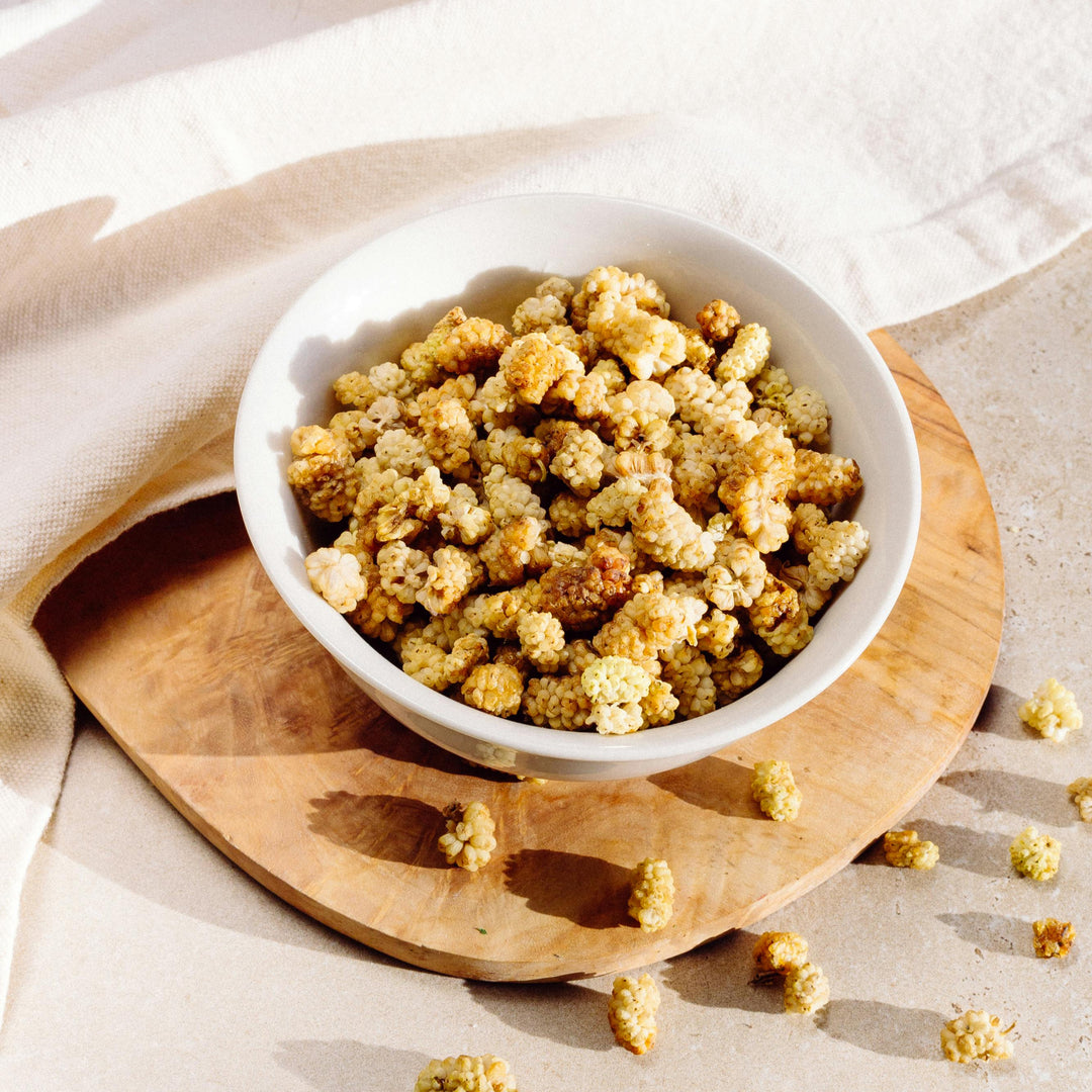 Purely Organic Foods organic white mulberries, naturally sweet and chewy dried berries, perfect for snacking or adding to cereals and baked goods