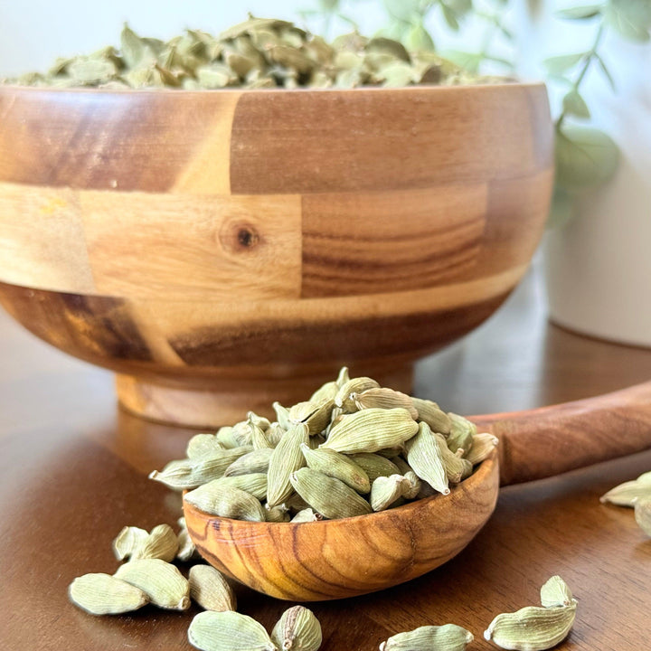 Premium-quality green cardamom pods, organic and whole, packaged fresh by Purely Organic Foods